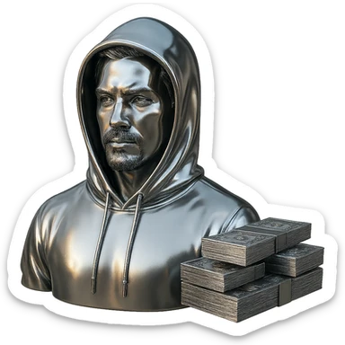 Edit the Indian man to wear a hoodie with a chrome hood, keep his goatee, add money on the side, and make the AMG car chrome. Keep the background transparent. sticker