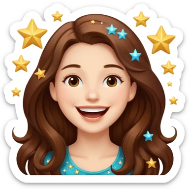 woman with long brown hair laughing with stars and sparkles, light beige sticker