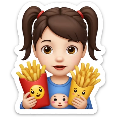 Toddler emoji with two pigtails dark brown hair, fair skin, holding French fries sticker