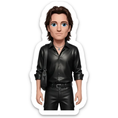 Bono with blue eyes, long dark brown hair, black metallic shirt, black metallic baggy pants, silver necklace sticker