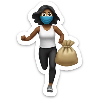 masked woman with money bag over shoulder running sticker