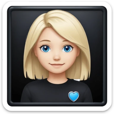 a new character a girl with shoulder length blonde hair wearing black clothes and wearing a cheeky smile she has blue eyes her black sweater has an emo style badge sticker