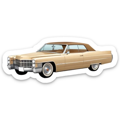 Extremely minimalist beige 1966 Cadillac DeVille, bare essential details, simple geometric shapes, 30-degree angle, Once Upon a Hollywood inspired, iOS emoji style sticker