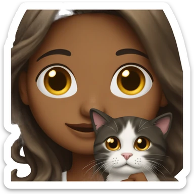 long wavy haired brown skin woman holding black and white cat sticker