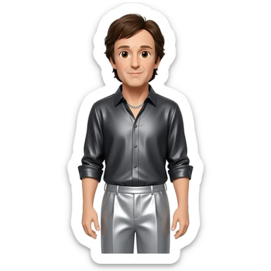 Paul McCartney with brown eyes, dark brown hair, dark gray metallic shirt, light gray metallic baggy pants, silver necklace sticker