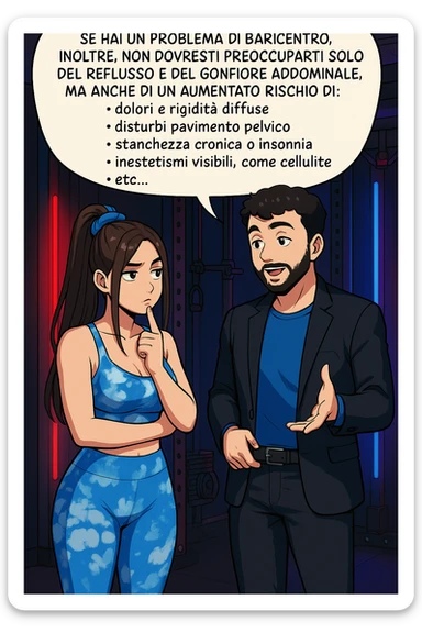TRASFORMA QUESTO CAROSELLO IN UN FUMETTO STILE WEBTOON/MANGA A COLORI CON QUESTE DUE PERSONE IDENTICHE CHE INTERLOQUISCONO TRA LORO, L'uomo sta spiegando alla donna questo concetto MENTRE LA DONNA SI TIENE L'INDICE SUL MENTO ASCOLTANDOLO PENSIEROSA:

Se hai un problema di baricentro, inoltre, non dovresti preoccuparti solo del reflusso e del gonfiore addominale, ma anche di un aumentato rischio di:
    • dolori e rigidità diffuse
    • disturbi pavimento pelvico
    • stanchezza cronica o insonnia
    • inestetismi visibili, come celluluite
    • etc… sticker