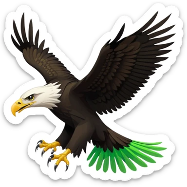 Stylized vector eagle flying sideways, wings spread up. Matte black with neon-green angular feather patterns, fierce face, extended talons. Bold flat sticker style with a thick clean white outline. sticker