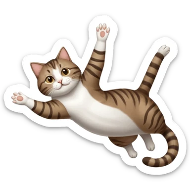 dark brown tabby and white cat with doing a big extremely long stretch reaching up into the air with arms and legs side by side together straight and overextended whilst lying on its side sticker