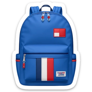 simple blue backpack, at the bottom pocket there is a  logo featuring a Tommy Jeans-inspired logo. The logo looks like A red and white vertically split flag-style patch on the bottom pocket.
 sticker
