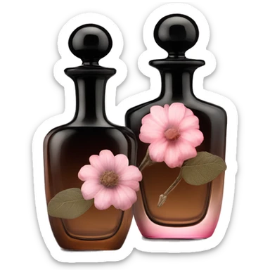 Two English vintage glass perfume bottles from my aristocratic grandmother, exquisite bottle shape, old and shabby, with label, stylish and minimalistic, black and brown with pink gradient, with little herbal and flowers  sticker
