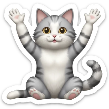 grey and white cat doing a big long stretch reaching up into the airwith arms together sticker