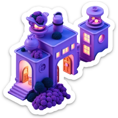 Whimsical jungle farm with cookie-factory-inspired buildings in vibrant purple and blue neon colors, surrounded by glowing plants, wheat fields and vegetables growing from luminous soil, magical atmosphere, surreal skeuomorphism style, robots sticker