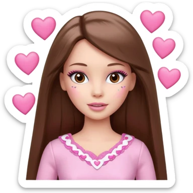 Barbie girl and  makeup , brown long straight hair and brown eyes is In pale pink clothes There are pink hearts all around sticker