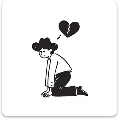 heartbroken cowboy, hand-drawn doodle style, slumped posture, broken heart, expressive sadness sticker