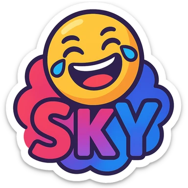 Discord game alliance logo for 'SKY' with dynamic cartoonish laughing emoji centerpiece, gradient red pink violet blue, prominent playful rounded lettering 'SKY', cheerful inviting mood sticker