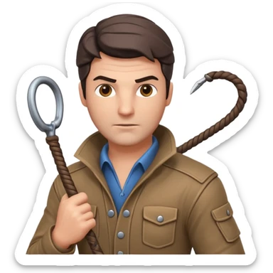 man with a whip portrait, head and shoulders only, whip coiled on shoulder, rugged outfit, confident look, 3D cartoon, mobile game icon style, clean background, no text, no watermark
 sticker