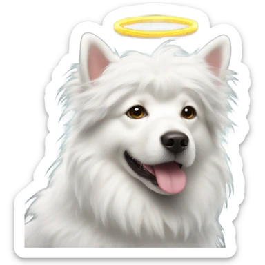 White fluffy dog with a halo sticker