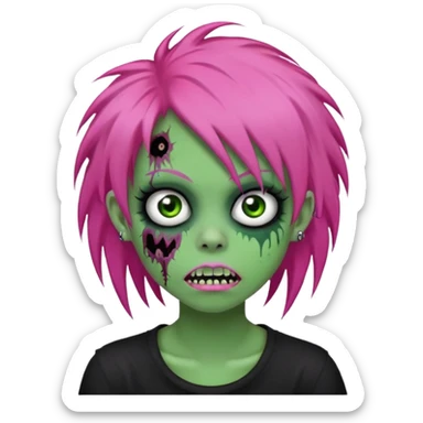 girl, green zombie, pink coily hair, medium long, emo, shaggy, dark, spooky, piercing on eyebrow, colourful teeth, creepy blank expression sticker