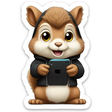 Cute realistic fluffy Squirrel with fluffy ears in black hoodie holding an iPhone  sticker