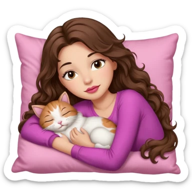girl with long wavy brown hair, brown eyes, long lashes makeup, sexy pink lips, light to medium complexion,  sleeping on a cozy pillow, with 6 cats, sleeping sticker