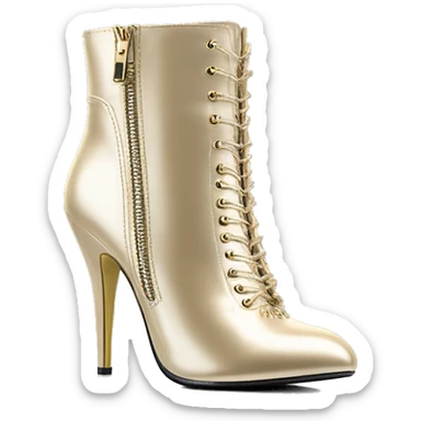 Realistic isolated top front view of a pair of light champagne gold high heel spike zippered ankle bootie boots.  sticker