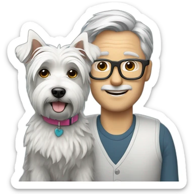 Gray hair man with glasses anda with westie dog girl sticker
