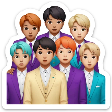 Cinematic Realistic group portrait of BTS featuring all 7 members in stylish modern attire, with detailed facial expressions and vibrant colors, captured in dynamic, contemporary lighting that emphasizes their global pop icon status sticker