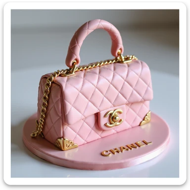 photorealistic pink Chanel handbag cake with gold accents, luxury birthday style, no background sticker