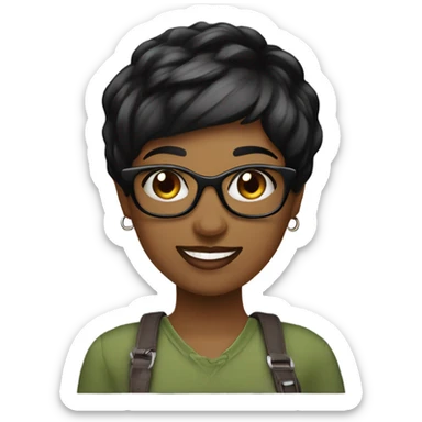 Graphic Designer woman black pixie cut with laptop, happy, no glasses sticker