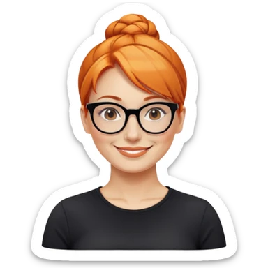 nữ 40 tuổi, da trắng, tóc búi gọn gàng màu cam, đeo kính đen, mặt cười tươi, áo đen sticker