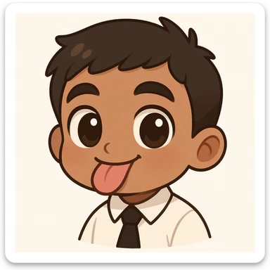 Create a chibi sticker style emoji of the person in the reference image, capturing their playful expression with tongue out. Simplify details for a cute, cartoon look with exaggerated features typical of chibi style, emphasizing the playful and fun mood. sticker