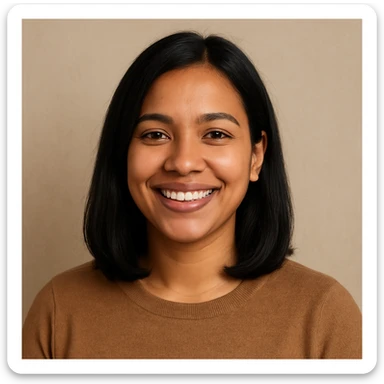 portrait of a light brown skinned female with shoulder length black hair, smiling, simple background sticker