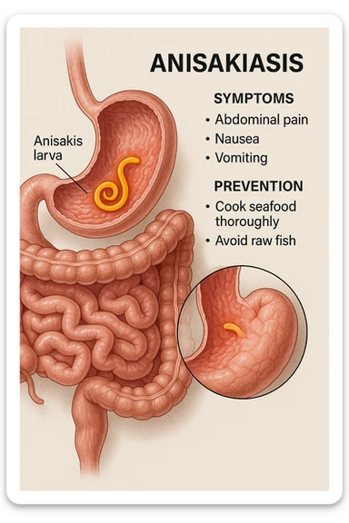 a cutaway view of the human digestive tract, showing an Anisakis larva attached to the stomach or intestinal wall. The parasite is highlighted in color, with surrounding tissue rendered in realistic detail. Educational labels describe symptoms and prevention. sticker