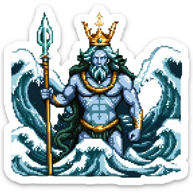 Neptune with trident emerging from ocean waves, sea god with crown sticker