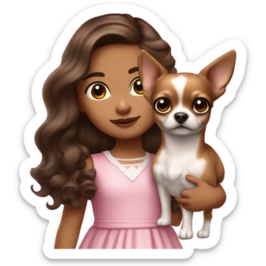 Little Girl with White skin, black eyes. Long brown wavy hair in a half up half down. She is wearing a pink and White dress, standing and holding on to a Chihuahua  sticker