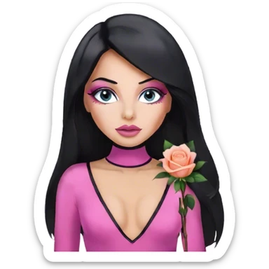 Glamours, tanned, very beautiful girl, with big pump peach-beige-rose lips, eyeliner, long lashes, black straight smooth silky long hair, straight parting hair, blue-grey eyes in pink bodysuit sticker