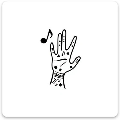 stylized symmetrical hand with tattoos in doodle style, square format, suitable as emoji for music marketing course cover sticker