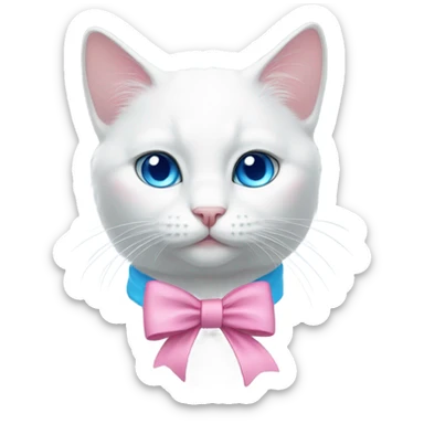 white cat with blue eyes, and a pink bow sticker