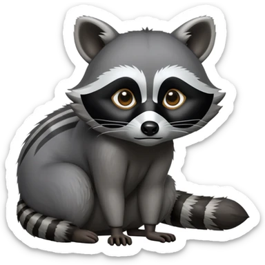 Cinematic-Raccoon-Realistic-hunched Full-Body on all fours-Emoji – Tail flicking lazily, head tilted dramatically, thick grey fur with a signature black mask, sharp and alert ears, simplified yet realistic focused features, highly detailed, glowing with an almost sarcastic glow. sticker