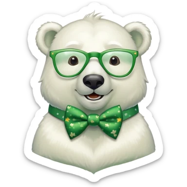 head and shoulders of a friendly anthropomorphised polar bear smiling, wearing large multicolored star-shaped glasses, green bow tie, shamrock pin, festive green shirt sticker