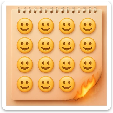 A detailed page from a wall calendar that starts burning from the bottom right corner. Use soft and pastel tones. Make the emoji image resemble the basic set of smileys like on the iPhone. sticker