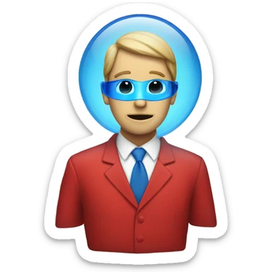 A person wearing a red suit with a blue glass part where the face is sticker