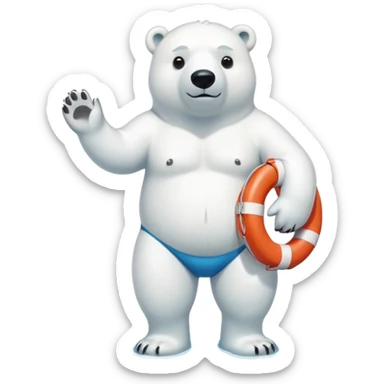 full body friendly anthropomorphised polar bear wearing swim shorts and swim goggles, standing in a puddle, holding a life buoy sticker