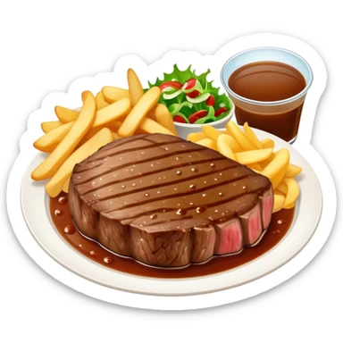 big juicy australian steak meal featuring chips, small salad in a ramiken and gravy  sticker