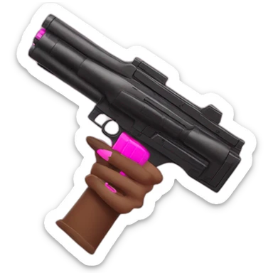 brown hand with pink nails holding large scary black nerf gun sticker