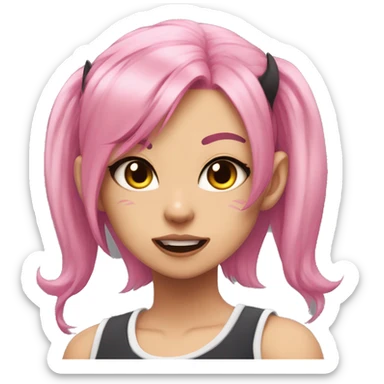anime cat girl in sportswear, a tank top, pink hair and fangs like a vampire, but small sticker