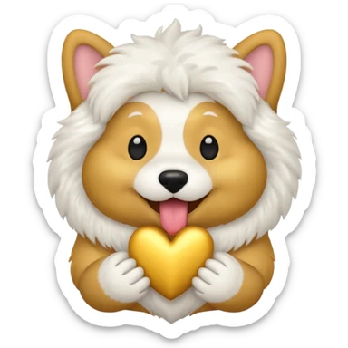 fluffy dog holding a golden heart in its mouth, emoji style sticker