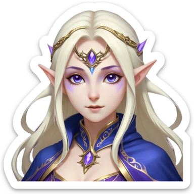 Cinematic Realistic WoW Elf Mage Portrait, head tilted epicly and inquisitively, showcasing a commanding presence and graceful arcane power. Her luminous, porcelain-like skin and delicate features, framed by an intricately detailed robe in deep blues and purples with golden accents, are rendered with lifelike clarity and dramatic, mystical lighting, high shine, epic and awe-inspiring, embodying the timeless magic of an elven mage poised to reshape destiny. sticker