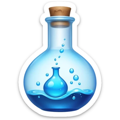 a neon blue potion tiled to the left with a round glass bottle no handle sticker