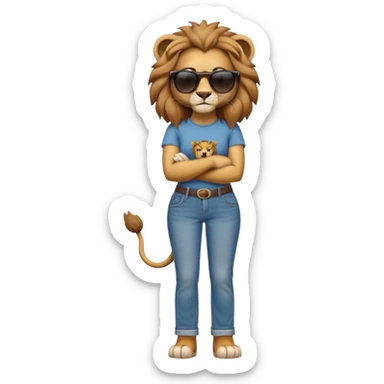 friendly anthropomorphised female lion character, full body, standing confidently with arms folded, wearing jeans, a t-shirt, and dark sunglasses sticker